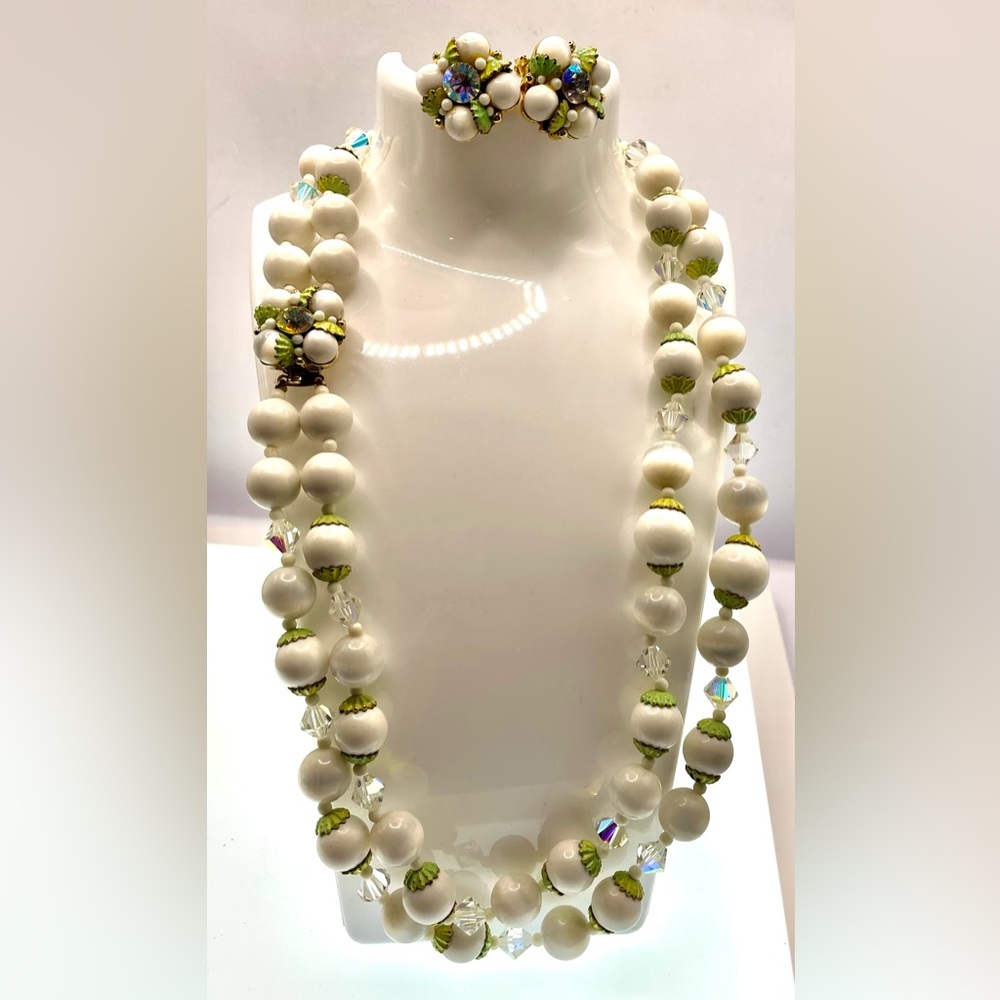 Vintage MCM Double Strand Acrylic Bead Faceted Crystals Necklace with Earrings - Picture 6 of 13